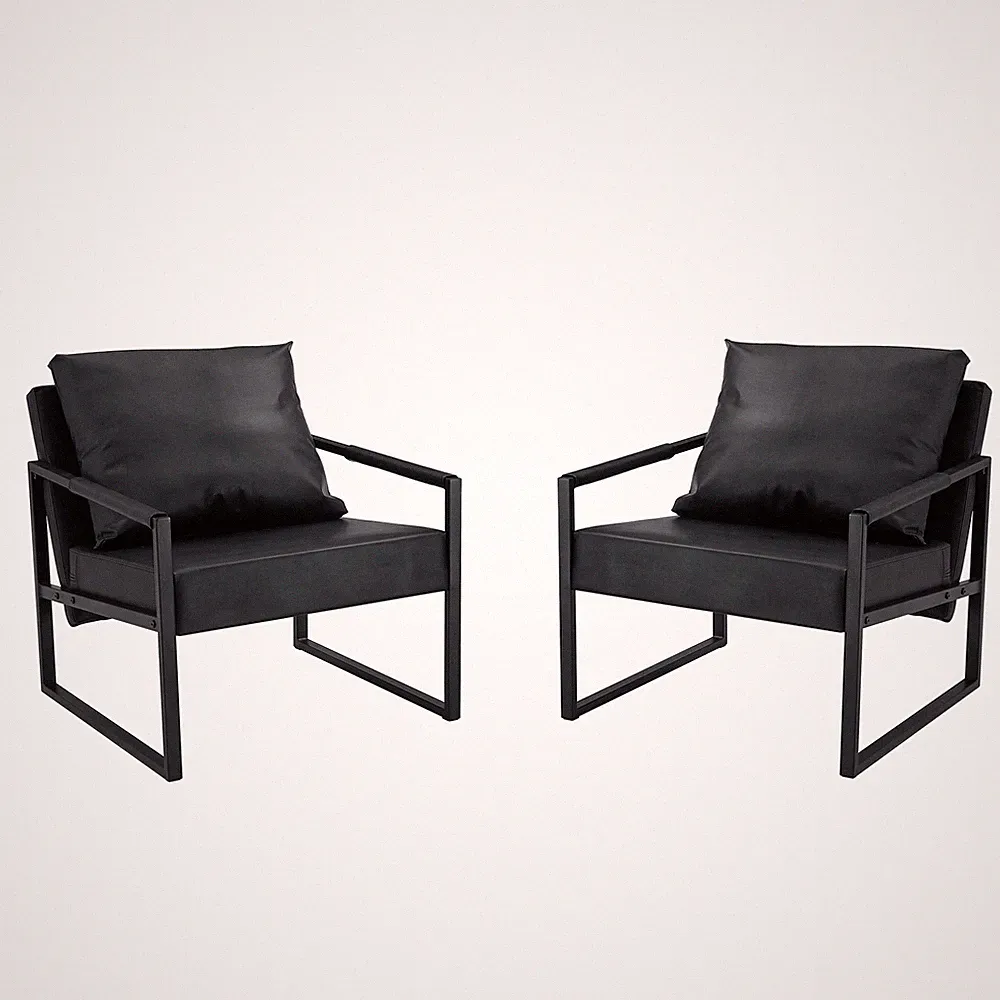 2PC Black PU Leather Accent Chair Armchair Upholstered Leisure Chair Metal Legs