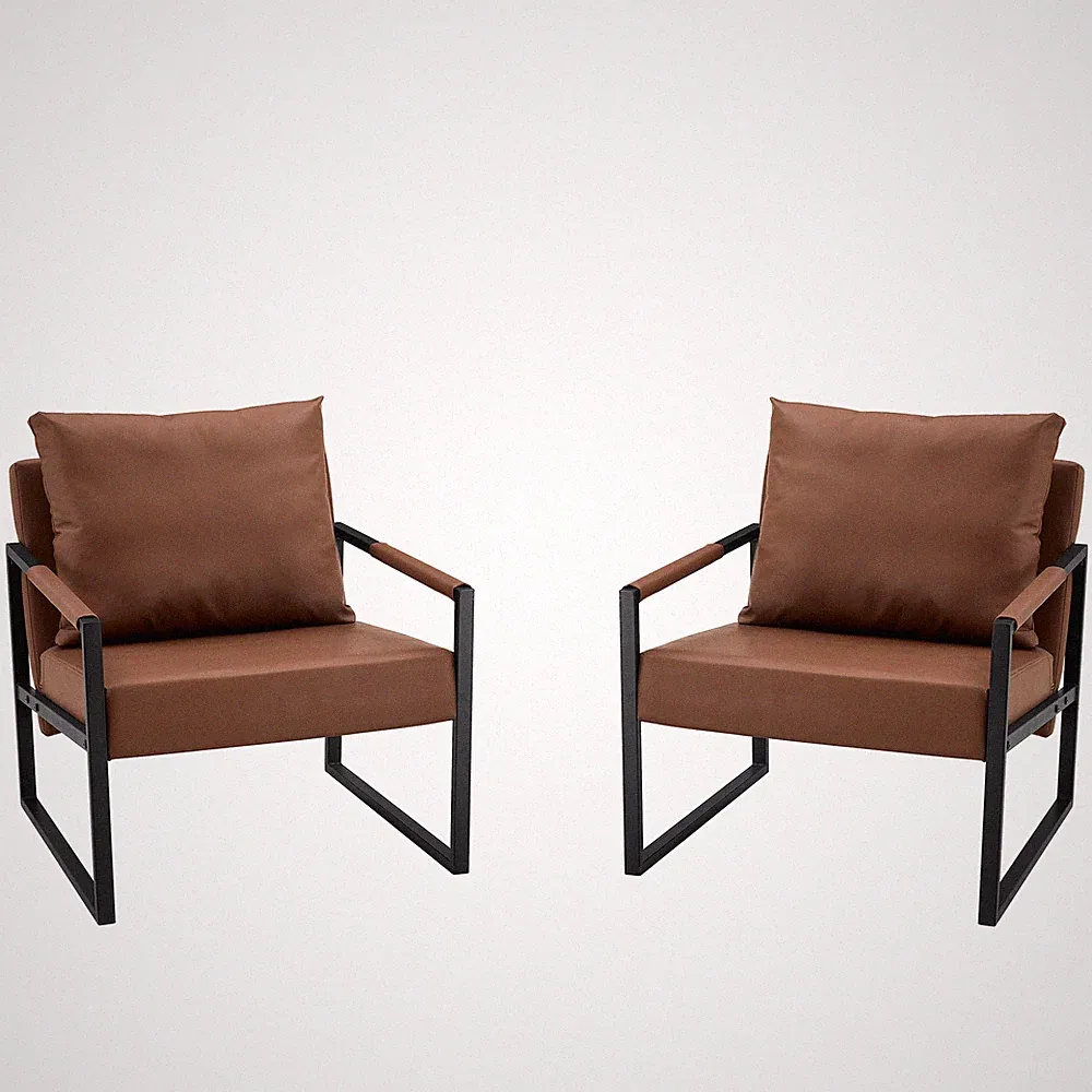 2PC Brown PU Leather Accent Chair Armchair Upholstered Leisure Chair Metal Legs