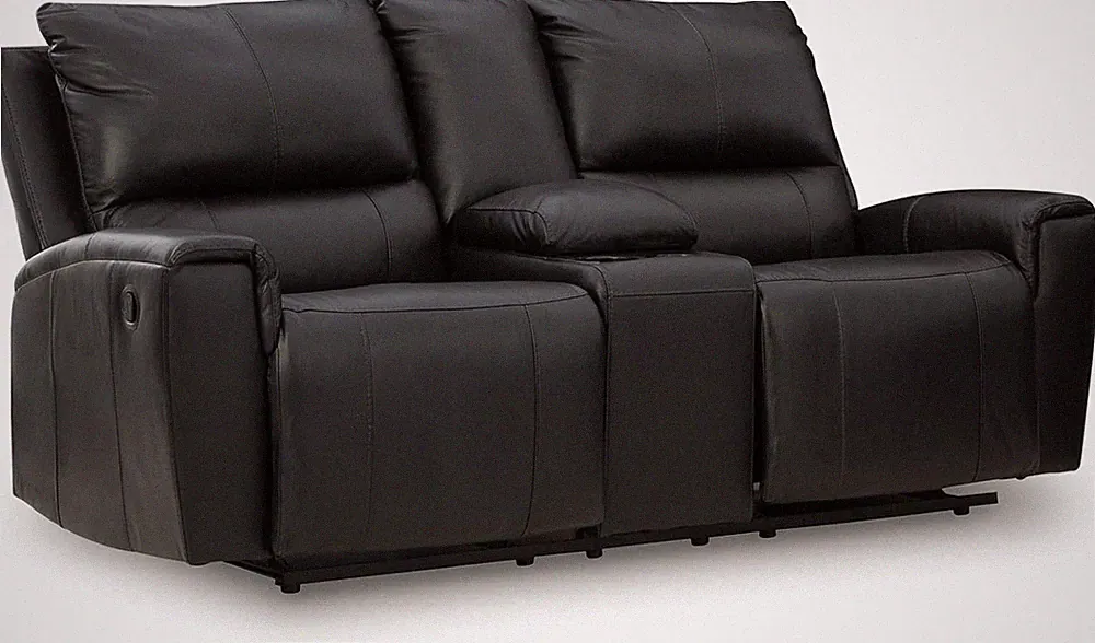 Ashley Glassmere Black Leather Match Reclining Loveseat with Console & Cup Holde