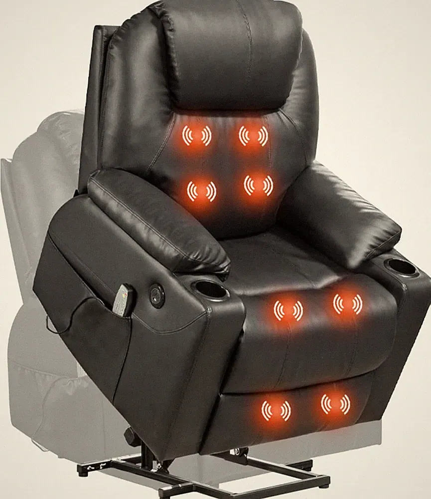 Electric Power Lift Recliner Chair with Massage & Heat for Elderly - Black Leath