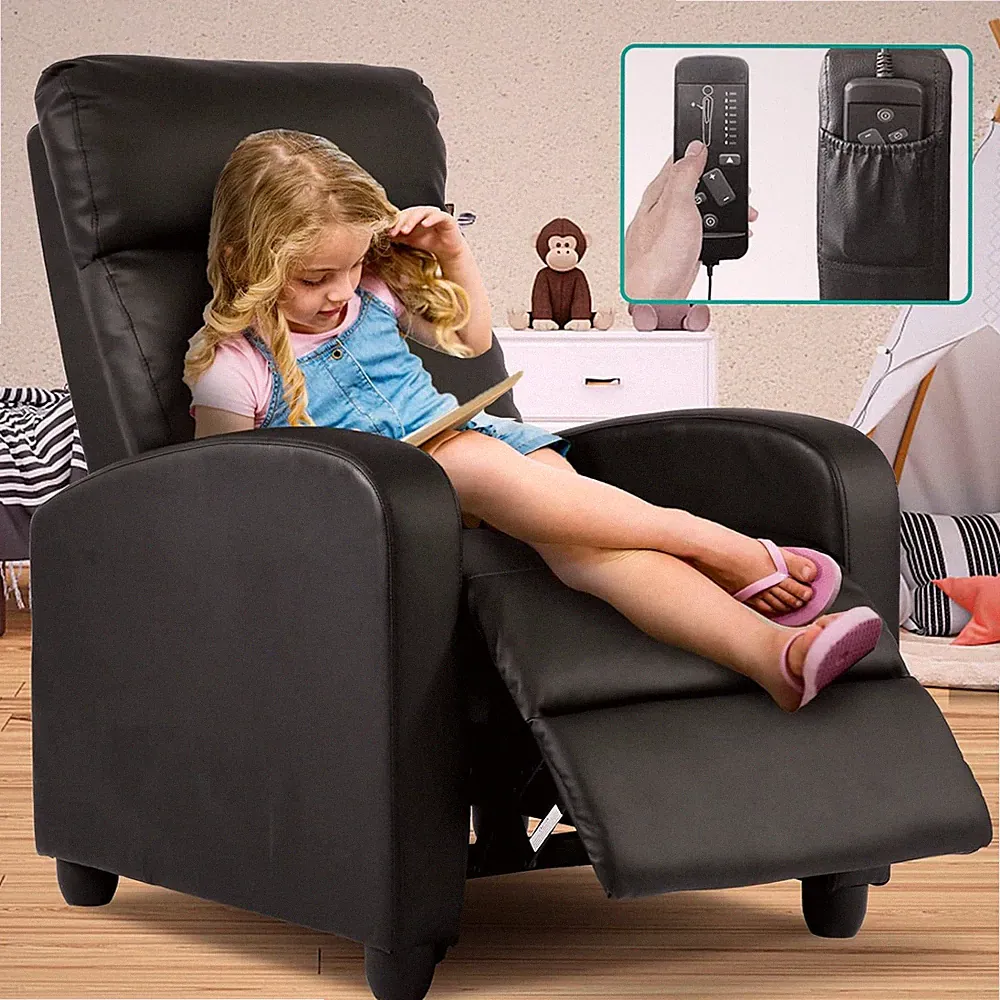 Kids Adjustable Leather Recliner Chair with Massage and Footrest, Black