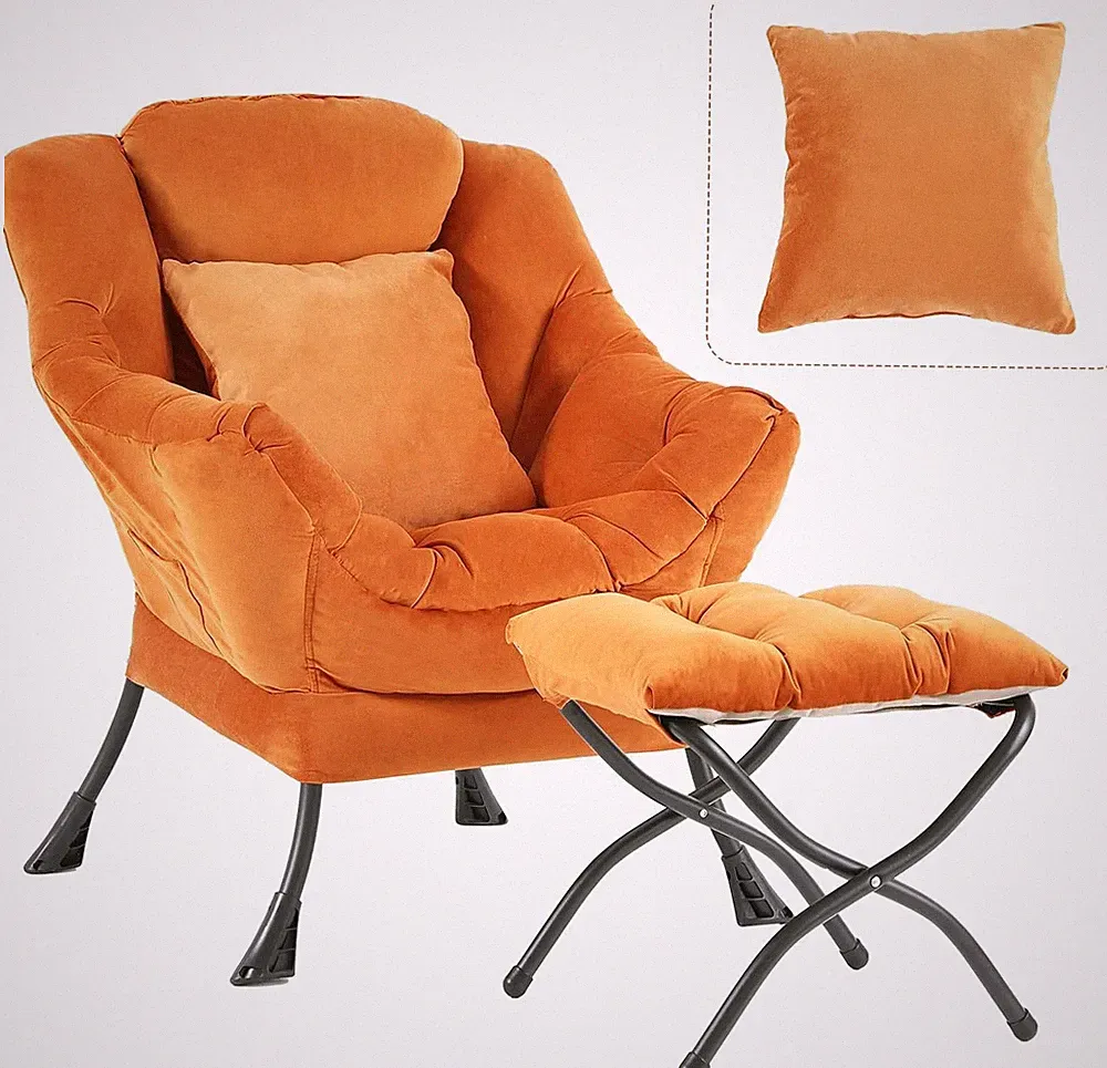 Large Lazy Chair with Ottoman, 28.5"D x 25.5"W x 37.4"H, Velvet Tangerine-1