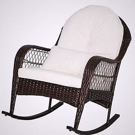 Outdoor Wicker Rocking Chair, Patio Rattan Rocker w/Lumbar Pillow, Off White