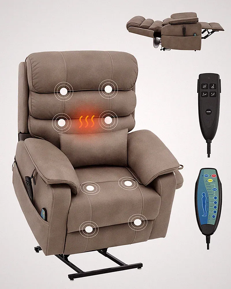 Power Lift Recliner Chair with Heat and Massage Electric Recliner Light Brown
